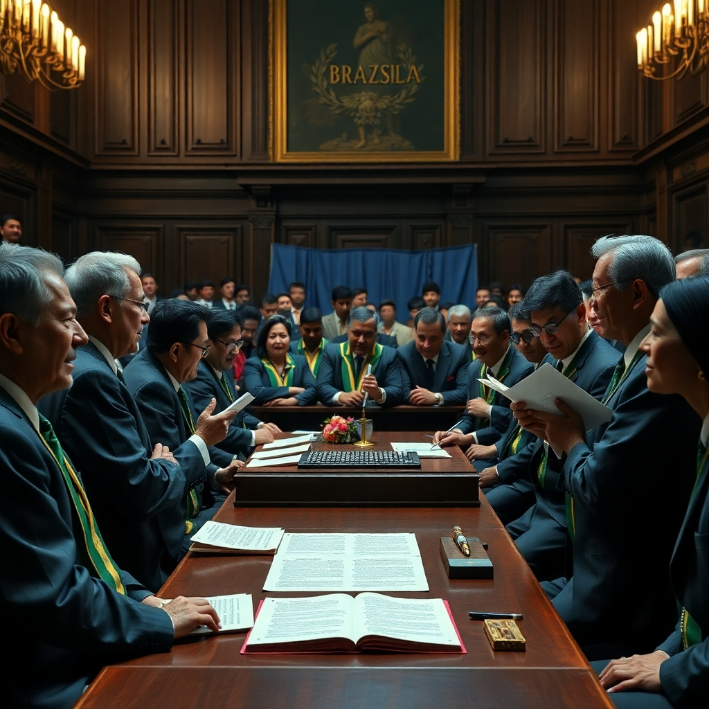 A historic moment depicting the assembly of the 1988 Brazilian Constitution, with delegates discussing and celebrating the inclusion of health as a constitutional right. Include emotional expressions, documents highlighting health rights, and a sense of unity and progress among the assembly members.