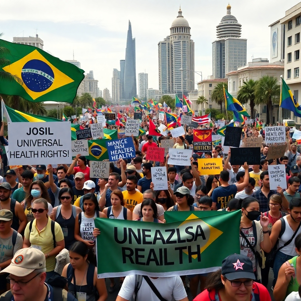 A powerful image of a large protest march in Brazil, with participants holding banners and signs advocating for universal health rights. The crowd is diverse, inclusive of various ages and backgrounds, with iconic Brazilian landmarks in the background. The atmosphere is energetic and hopeful.