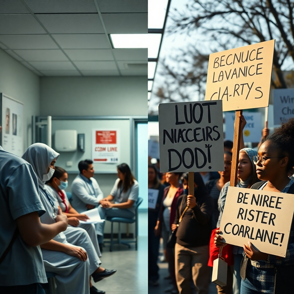 A split-image depicting the success and challenges of the SUS: on one side, a bustling community health clinic serving diverse patients; on the other, a protest against lack of funding, with people holding signs related to healthcare access and quality.
