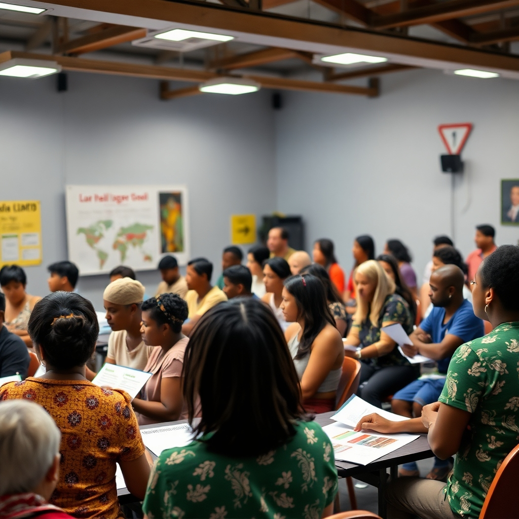 A vibrant public health meeting in Brazil, with diverse community members actively discussing healthcare policies. Show a mix of ages, genders, and ethnicities, with charts and flyers around, emphasizing involvement and dialogue in a democratic setting.