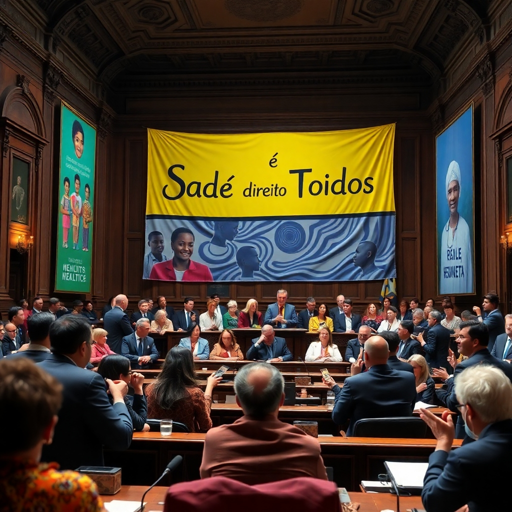 A vibrant scene inside a historic legislative hall with diverse representatives passionately debating health policy. In the background, a large banner reads 'Saúde é Direito de Todos', with symbolic images of healthcare access and community health initiatives on the walls.