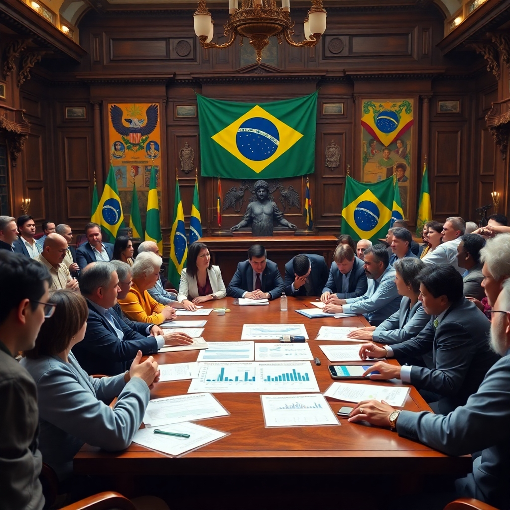 A vibrant scene showcasing a diverse group of people, including politicians and activists, gathered around a large table in a historical assembly setting. They are passionately discussing health issues, with documents and charts related to public health reform visible. The background features Brazilian flags and symbolic imagery of democracy.