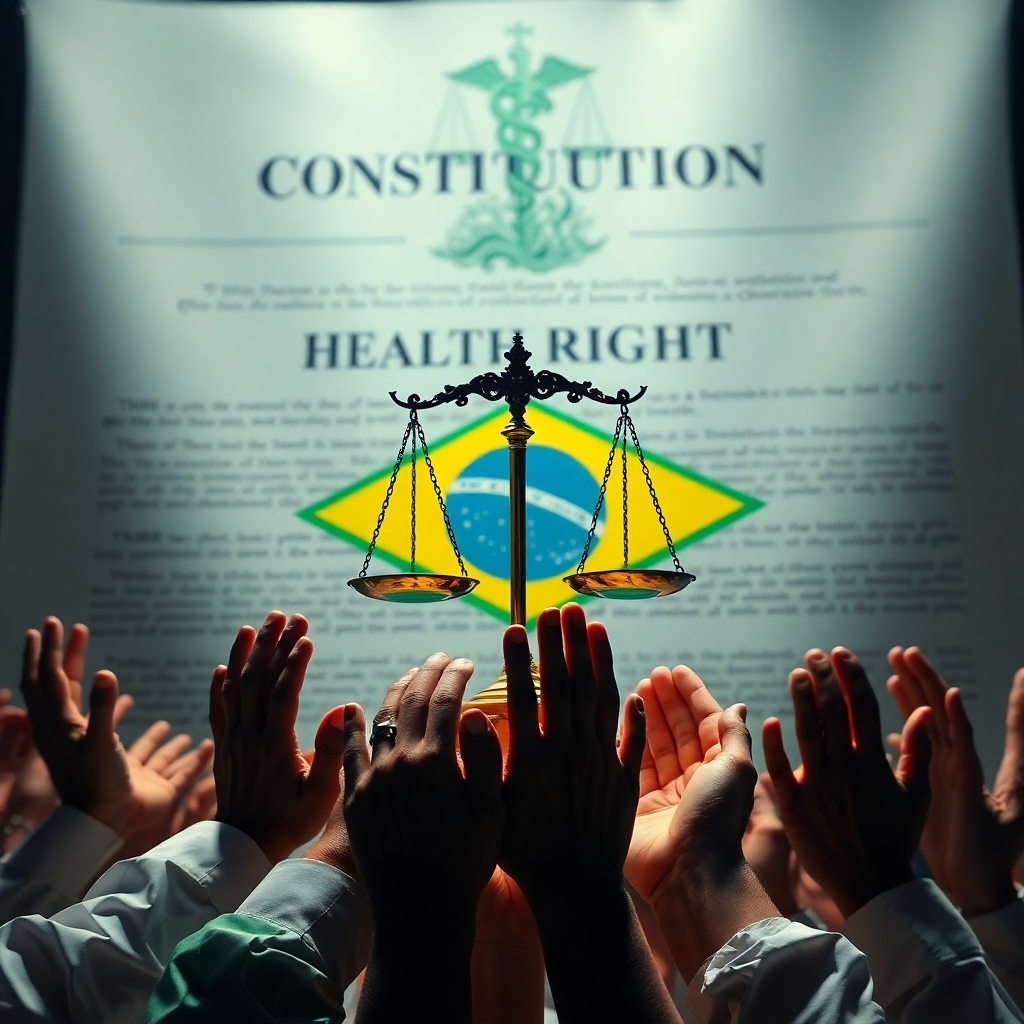 An artistic interpretation of the Brazilian Constitution of 1988, featuring symbolic elements representing health rights, such as scales of justice, medical symbols, and people's hands united, showcasing the importance of universal health access.