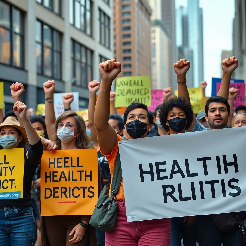 An empowering scene of a street protest with banners demanding health rights. Diverse activists of all ages and backgrounds are raising their fists, with colorful posters advocating for health equality. The urban backdrop shows a vibrant city atmosphere.