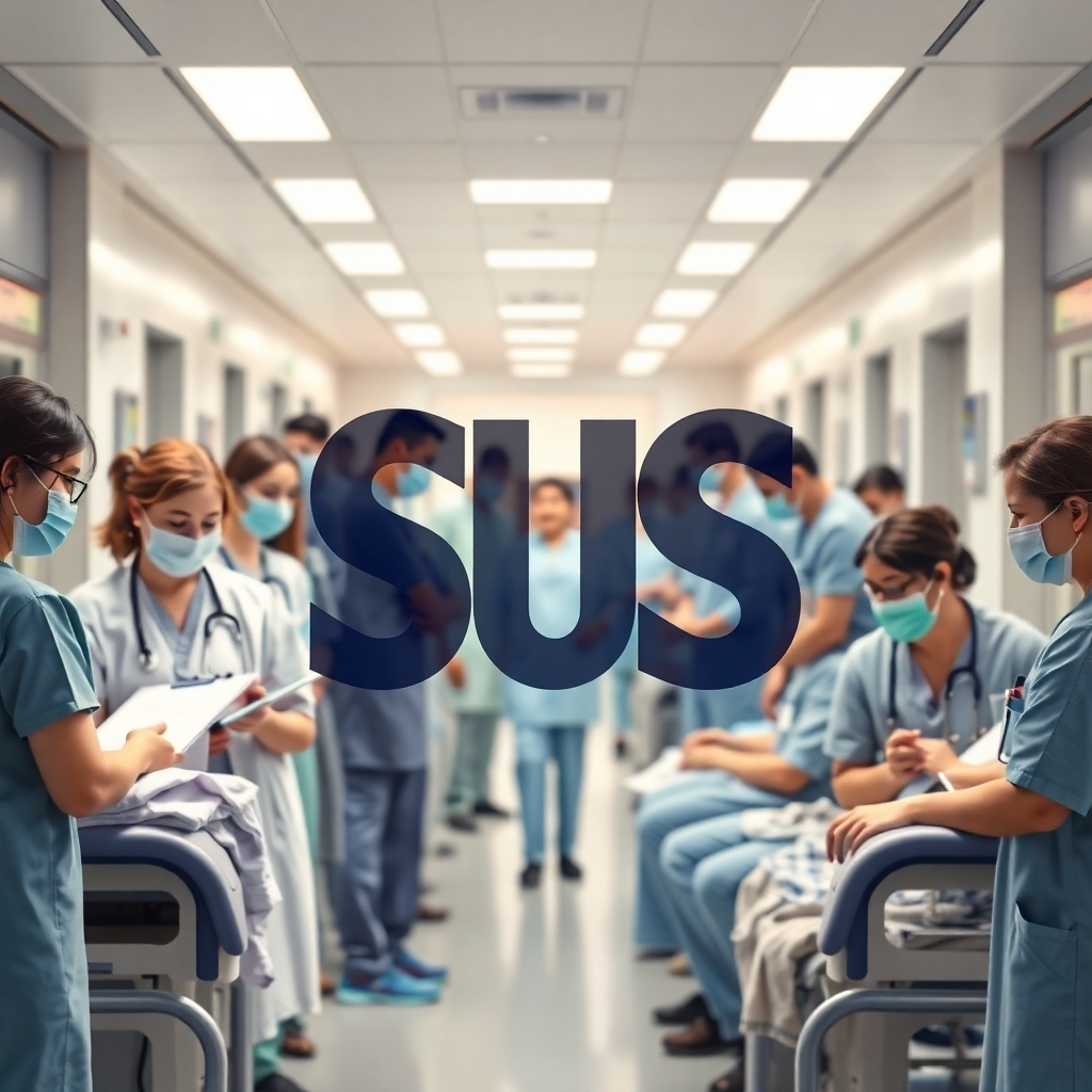 An illustrative representation of the SUS logo with a backdrop of a diverse group of healthcare workers assisting patients in a busy public hospital. The scene showcases compassion and professionalism in a healthcare setting, reflecting inclusivity and access.