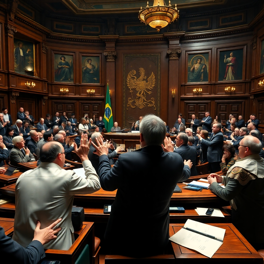 An intense debate scene inside the Assembly Hall with various delegates passionately discussing health policy. The room is filled with historical decor and the Brazilian flag is visible, capturing the tension and urgency of the discussions.