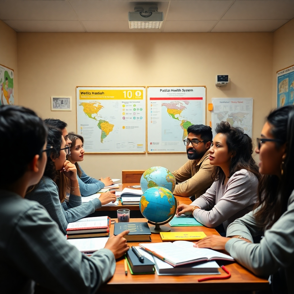 Create a photorealistic image depicting a diverse group of students engaged in a lively discussion about public health history in Brazil. The composition should feature a classroom setting with charts and images of the Brazilian health system evolution displayed on the walls. Soft diffused lighting should create a warm and inviting atmosphere, highlighting the enthusiasm of the students. The color palette should include earth tones with pops of vibrant colors from books and materials around. Capture the scene from a slightly elevated perspective to include both students and educational materials. Textures of wooden desks and bulletin boards should add realism. Include props like medical textbooks, learning aids, and a globe. The style should be hyperrealistic, aiming for 8K resolution and ultra-detailed images to convey the educational environment.