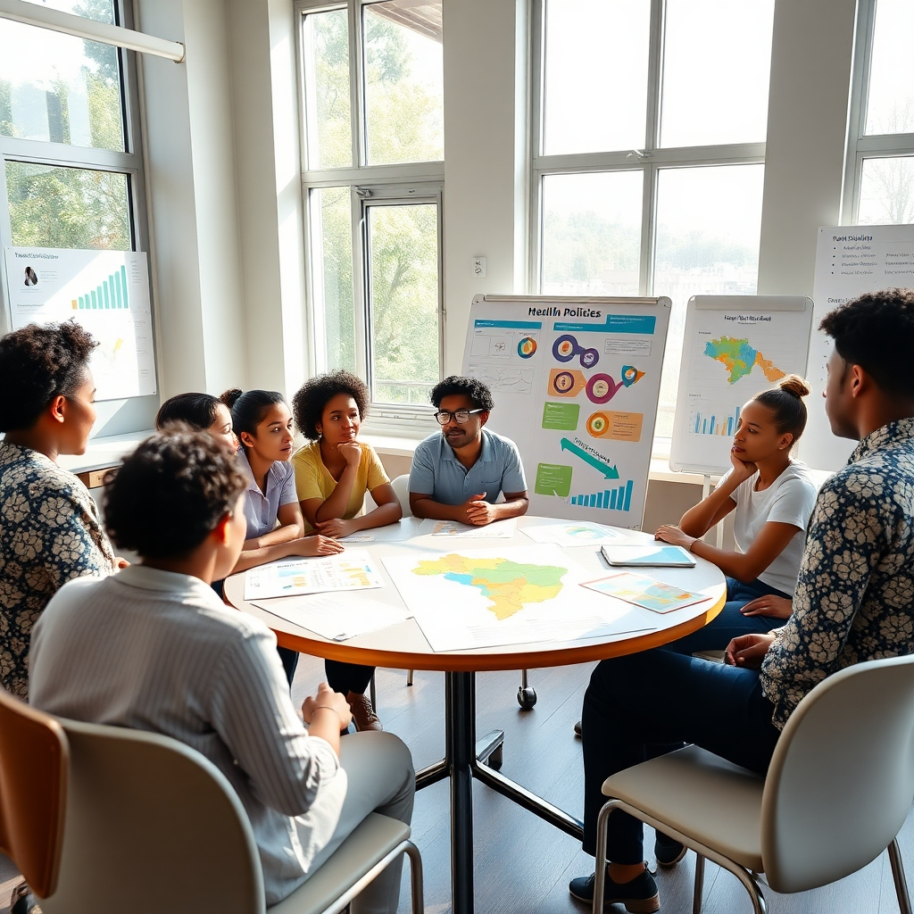 Design a vibrant classroom scene where a diverse group of students engages in a workshop about health policies. Use natural lighting streaming through large windows, creating a bright and inspiring environment. The students, representing various ethnicities, are seated around a circular table covered with charts and maps of health policies in Brazil. The mood is dynamic and collaborative. Capture the scene from a wide-angle perspective to include a whiteboard filled with colorful diagrams. Incorporate visual aids like infographics on the walls. The composition should convey a sense of action and learning. Style the image in the style of contemporary educational photography. Use ultra-detailed textures in the workshop materials with 8K resolution.