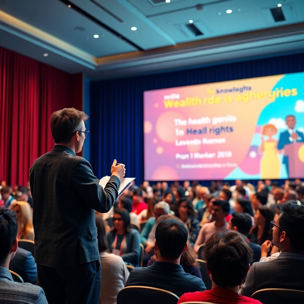 Generate a dynamic image of a speaker at the podium addressing a large audience at a health rights conference. The composition should show the speaker, a passionate young man, animatedly gesturing with notes in hand, while attendees of diverse backgrounds listen attentively. The lighting should be bright, highlighting the stage area while slightly dimming the audience to create focus. The color palette should feature bold colors to reflect the energy of the event. Capture the scene from a front row perspective, showcasing the engaged audience’s expressions. The texture of the stage curtains and materials used in the setting should be clear. Add a large banner in the background displaying the conference theme. The image should have a hyperrealistic quality with ultra-detailed features at 8K resolution, aiming for an impactful representation of knowledge sharing.