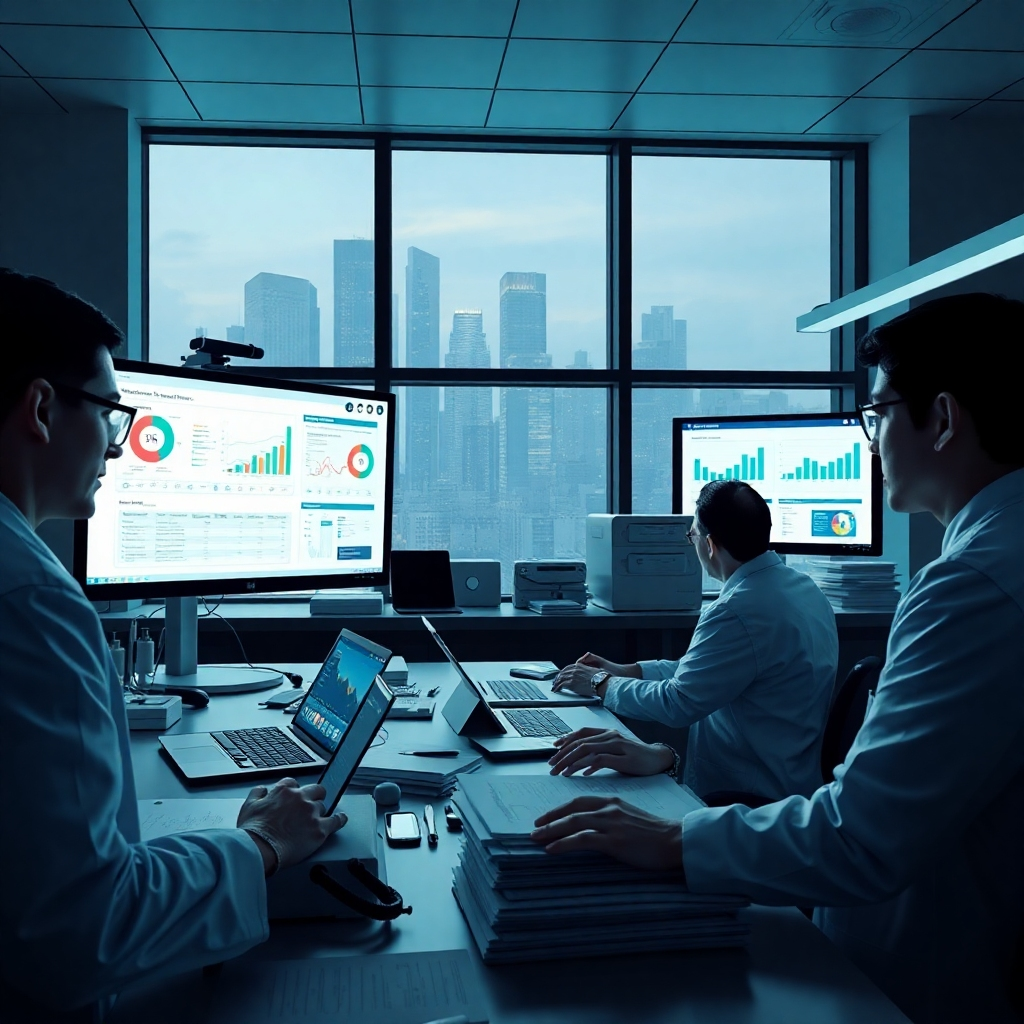 Illustrate a research laboratory filled with professionals analyzing data on health judicialization. The setting is dimly lit with dramatic side lighting focused on large screens displaying charts and case studies. Use a cooler color palette to create a serious tone. Capture the image from a lower perspective, emphasizing the intensity of the researchers' concentration as they examine reports. Include laptops, stacks of documents, and medical equipment around the workspace to enhance realism. Add a large window with a cityscape view in the background to suggest a broader context of urban health issues. The style should reflect the works of renowned documentary photographers. Ensure the image is hyperrealistic and 8K resolution, showcasing intricate details of the laboratory environment.