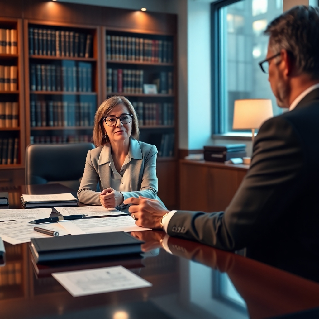 Visualize a high-quality image of a lawyer in an office setting discussing health rights with a patient. The lawyer, a middle-aged woman with glasses and a professional attire, should be sitting across a sleek desk cluttered with legal documents and health policies. The lighting should be dramatic side lighting that emphasizes the seriousness of the consultation. The color palette should include deep blues and warm neutrals to convey professionalism and trust. Capture the camera angle from just above the desk level, focusing on the interaction between the lawyer and the patient. The textures of the office’s wooden furniture and polished legal filings should add depth. Include a bookshelf filled with law-related texts in the background. The image should have an ultra-detailed finish in hyperrealistic style, rendered in 8K resolution.