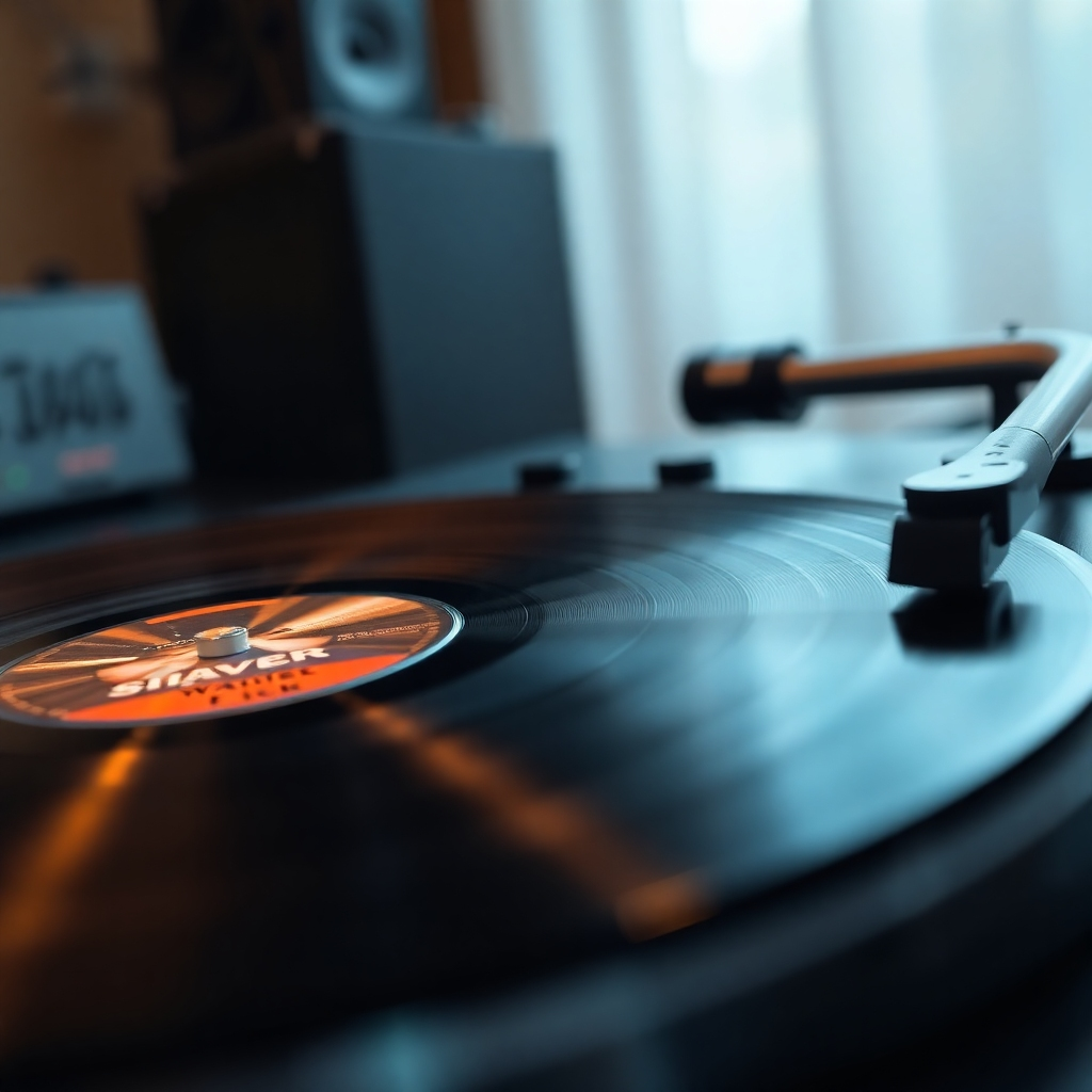 A close-up photorealistic image of a vinyl record spinning on a turntable, with the album art featuring Wayne Sharer's name prominently displayed. The background is blurred, emphasizing the quality of the vinyl and its warm glow under the light. High-quality image, 8k resolution, detailed textures, shallow depth of field