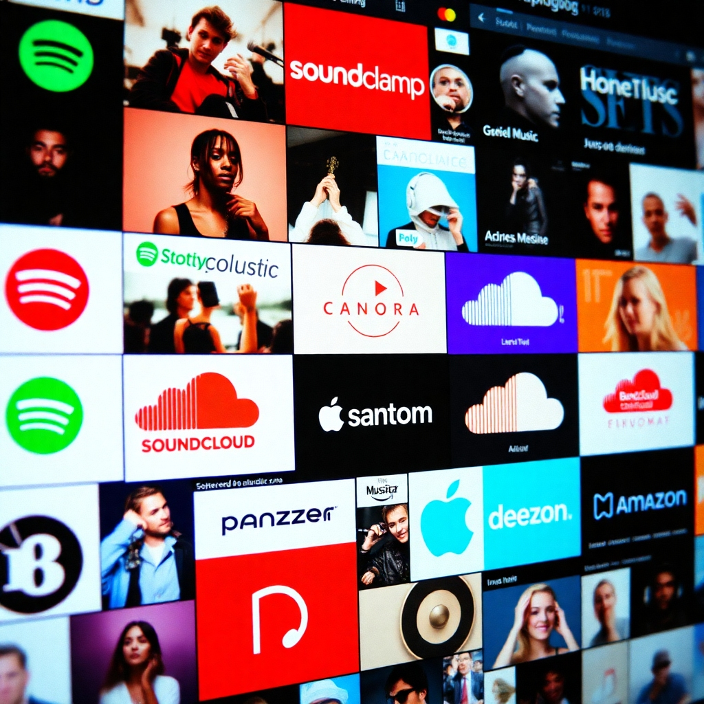 A collage showcasing screenshots of Wayne Sharer's music on various platforms like Bandcamp, Spotify, Apple Music, and his official website. Each platform's logo should be clearly visible. The overall style should be modern and clean, emphasizing the diversity of distribution channels. The images should be high-resolution and visually appealing.