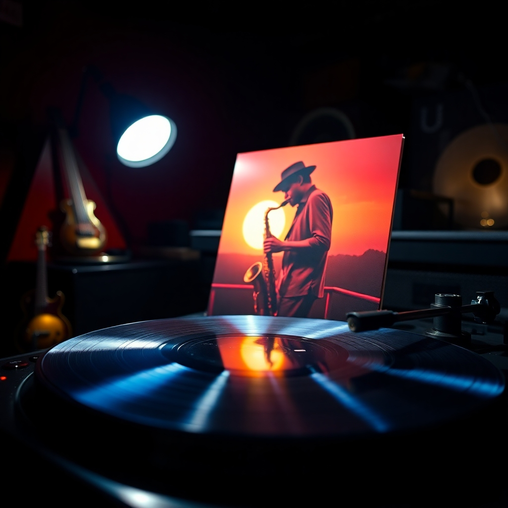 A hyperrealistic, ultra-detailed (8K resolution) image of a limited edition vinyl record of Wayne Sharer's album. The vinyl is displayed on a turntable, slightly tilted, revealing the album art – a striking portrait of Wayne Sharer playing his saxophone, set against a warm, sunset backdrop. The lighting is dramatic and moody, with a spotlight on the vinyl and turntable, creating highlights and deep shadows. The color palette is rich and warm, featuring deep reds, oranges, and golds, with the blues and blacks of the vinyl record and turntable contrasting beautifully. The image features a shallow depth of field, focusing sharply on the vinyl and softly blurring the background, enhancing the mood.  The vinyl itself is depicted with extraordinary texture detail, showcasing the grooves and the shine of the vinyl. The surrounding environment is dimly lit, with hints of other musical instruments and vinyl records subtly visible in the background. The image is styled similarly to high-end album art photography, with a strong emphasis on visual depth and texture. The overall mood is luxurious and exclusive.