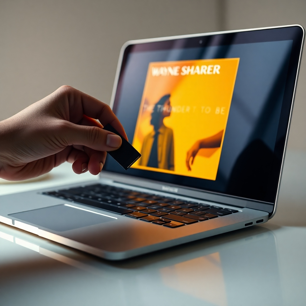 A photorealistic, ultra-high definition (8K) image depicting a close-up of a person's hands carefully placing a sleek, black USB drive into a stylish, minimalist laptop.  The laptop screen displays the album art for Wayne Sharer's latest release, showcasing a vibrant, soulful image consistent with his musical style. Soft, warm lighting illuminates the scene, creating a calm and inviting atmosphere. The color palette is rich and deep, featuring blacks, blues, and gold accents. The texture of the USB drive and the laptop's metallic surface are highly detailed, reflecting the light subtly. The background is a clean, uncluttered white surface. The image is captured from a slightly elevated angle, providing a dynamic yet intimate perspective. The overall style is clean and modern, reminiscent of Apple product photography.  The mood should convey a sense of anticipation and excitement, highlighting the high quality of the digital album download.