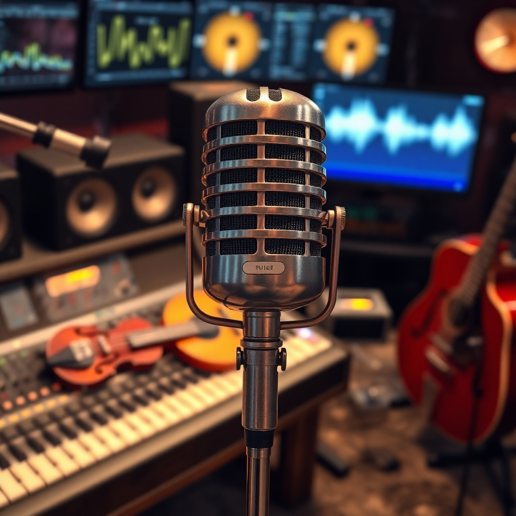 A photorealistic close-up shot of a vintage microphone with warm lighting, positioned in front of a modern recording studio console displaying waveforms.  Visible instruments include a steel guitar, fiddle, and a bass guitar. The background displays the subtle glow of computer screens and other recording equipment, blending classic and modern aspects.