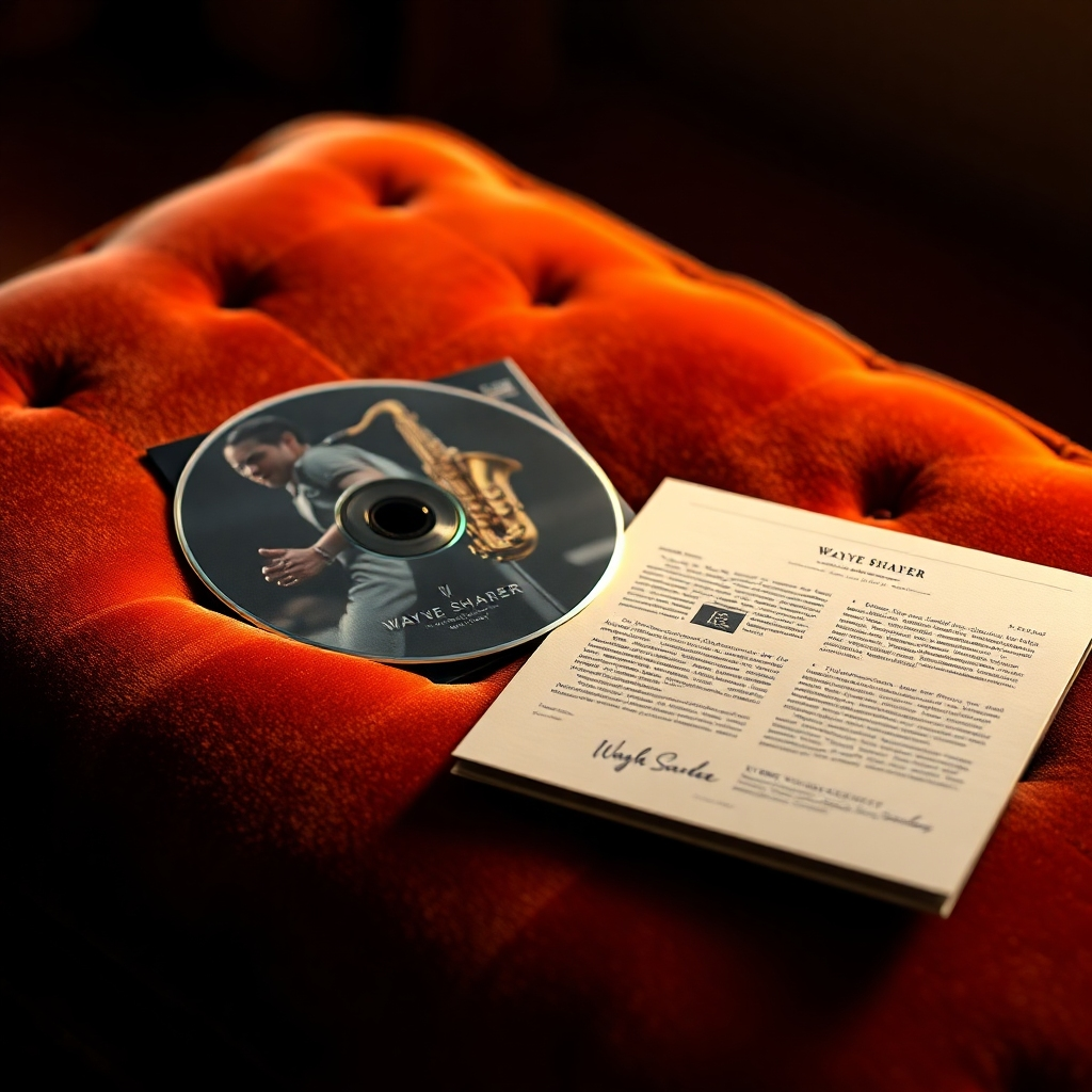 A photorealistic image, rendered in 8K resolution, of a signed CD resting on a plush velvet surface.  The CD is Wayne Sharer’s album, with a cover featuring a captivating image of him playing the saxophone.  Beside the CD is an elegantly designed booklet with high-quality photo prints and detailed liner notes. Soft, diffused lighting illuminates the scene, emphasizing the textures of the velvet, the CD, and the paper. The overall color palette is rich and warm, using muted earth tones to emphasize a feeling of intimacy and nostalgia.  The image is captured at a slight angle, providing a dynamic perspective that showcases the CD and booklet's details.  The background is subtly blurred, drawing focus to the meticulously detailed textures of the CD, the booklet’s cover, and the plush velvet. The style should evoke a sense of classic music packaging, reminiscent of high-quality album releases from the 1960s and 70s. The autographed signature is clearly visible, adding to the image's value and exclusivity.  The overall mood is one of warmth, elegance, and authenticity.