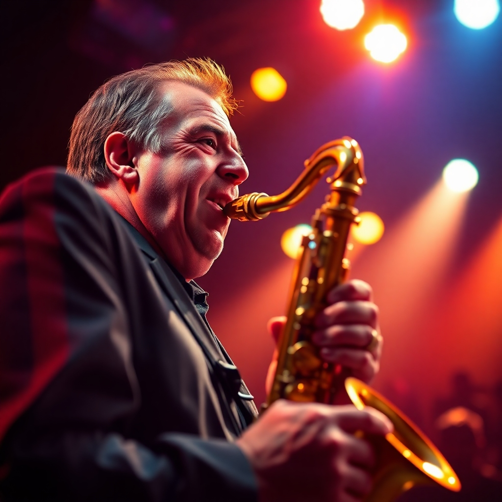 A photorealistic image, ultra-high definition (16K), of Wayne Sharer performing on stage. The scene is vibrant and energetic, captured mid-performance with a shallow depth of field focusing on Wayne's expressive face and hands. Dramatic side lighting illuminates half his face, adding depth and drama to the image.  The color palette is bold and energetic; warm stage lights illuminate his saxophone, creating a glow. The camera angle is from the front row, capturing the intensity of the performance.  The saxophone is highly detailed, with visible texture and gleam under the stage lights.  The background is blurred, showing the silhouettes of the audience and the hazy glow of spotlights. The style is evocative of concert photography by renowned artists like Neal Preston. The overall mood is lively, passionate, and dynamic, showcasing his captivating stage presence.