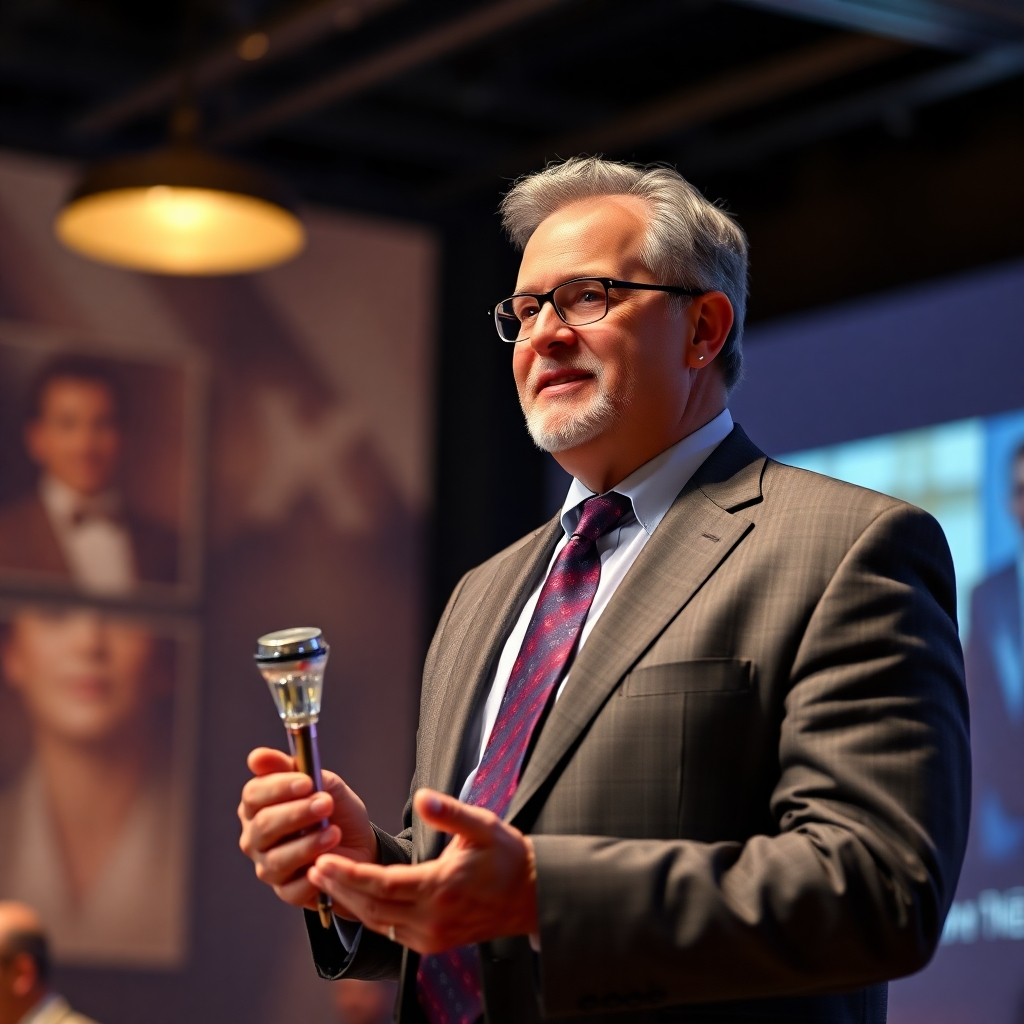 A photorealistic image depicting Wayne Sharer at the peak of his career, possibly accepting an award or giving a presentation.  The setting should reflect his professional achievements.  The image should be sharp, well-lit, and convey a sense of success and accomplishment.