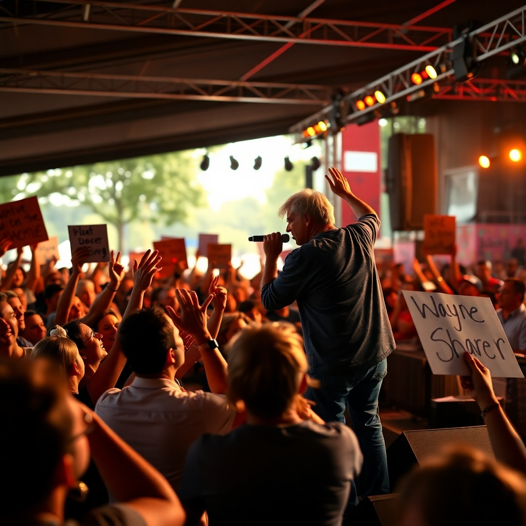 A photorealistic image depicting a lively outdoor concert featuring Wayne Sharer performing on stage.  The crowd is enthusiastically singing along, holding up homemade signs and interacting with the performer.  The lighting should be bright and celebratory, creating a sense of energy and community. The focus should be on the interaction between the artist and his fans