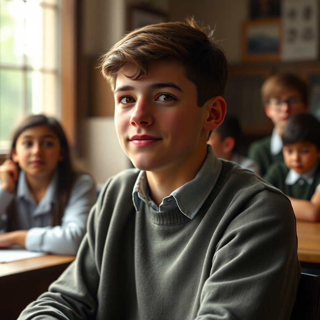 A photorealistic image depicting a young Wayne Sharer, possibly in a school setting or family portrait, with a warm, nostalgic tone.  High detail, sharp focus, natural lighting.  The image should evoke a sense of family and early ambition.