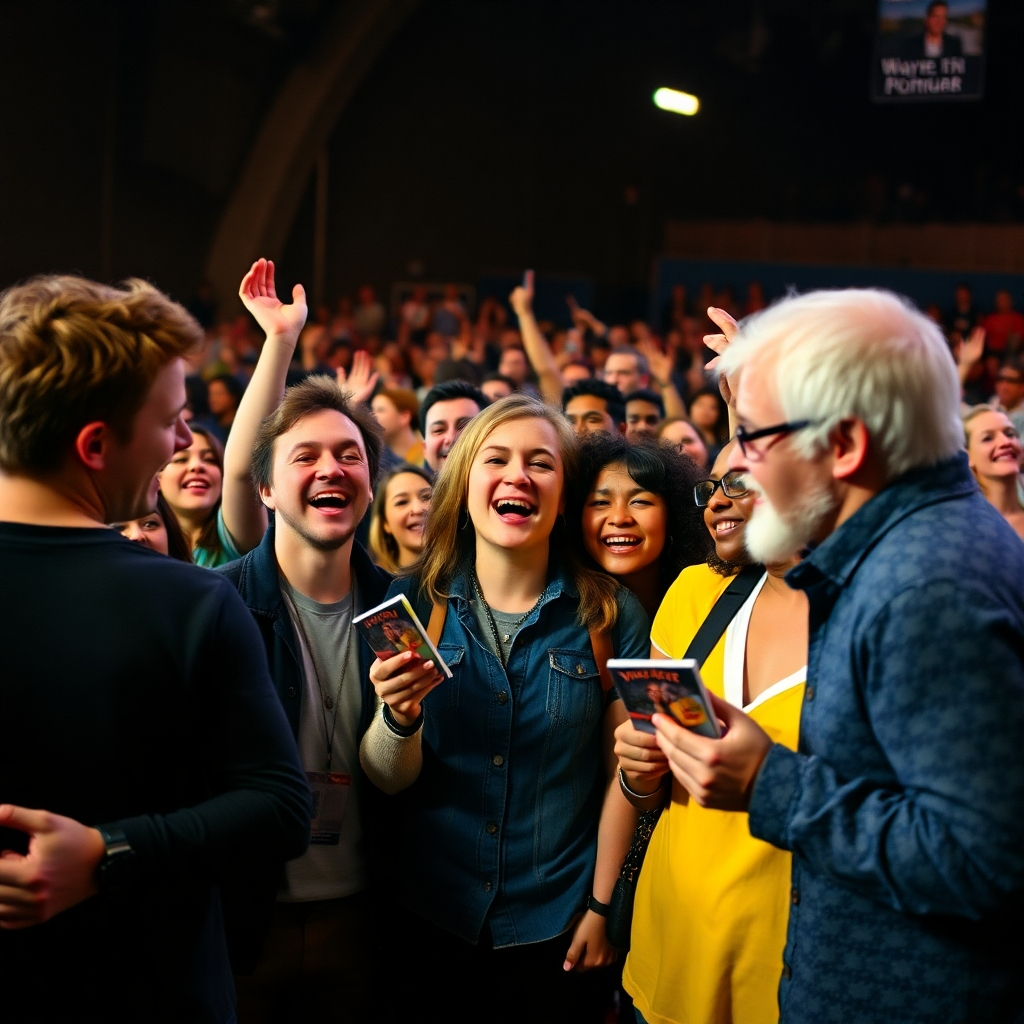 A photorealistic image of a group of diverse fans excitedly talking about Wayne Sharer's music at a concert. They could be holding CDs or merchandise. The atmosphere should be vibrant and positive, emphasizing community and shared enthusiasm. The background should be a concert venue with dim lighting and a lively crowd.