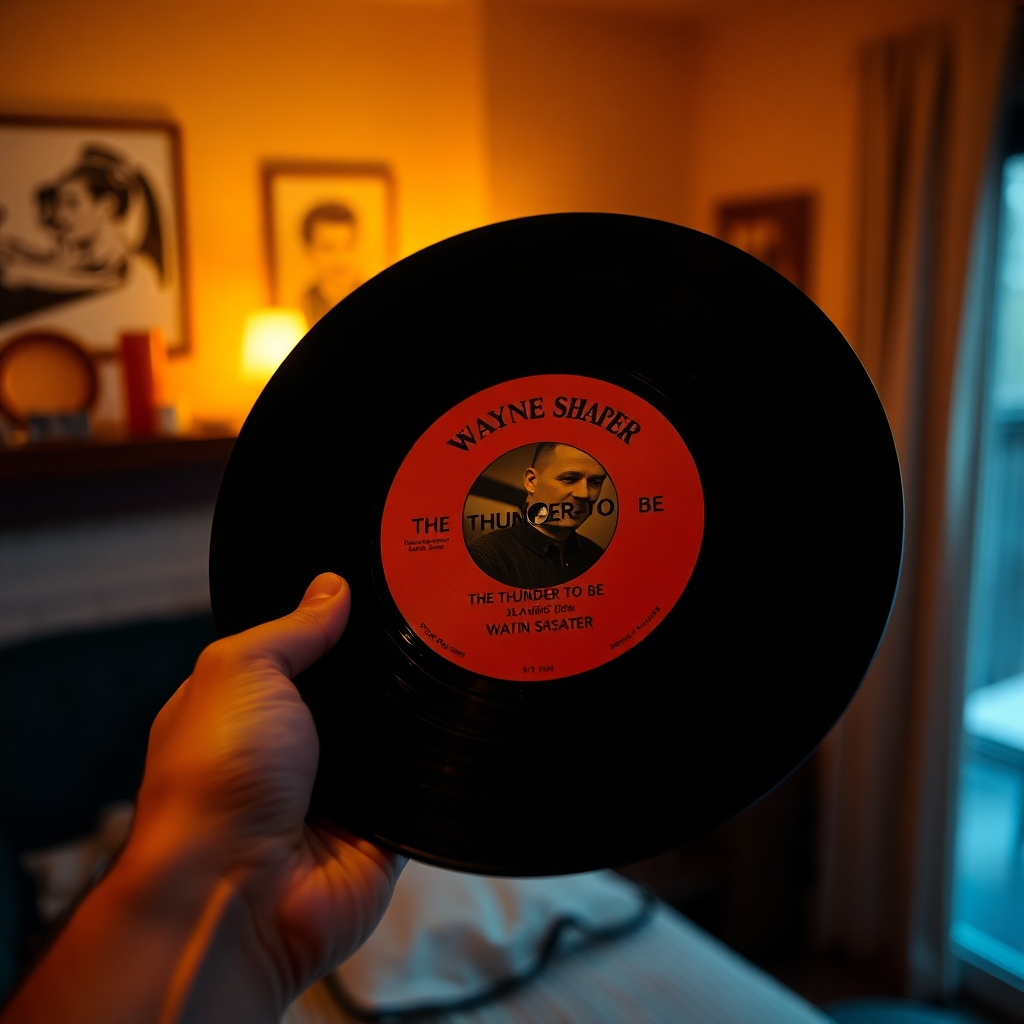 A photorealistic image of a hand holding a vinyl record of Wayne Sharer's music, with a warmly lit background suggesting a cozy home environment. The record label should be clearly visible, and the image should convey a feeling of personal connection to the artist and their work.