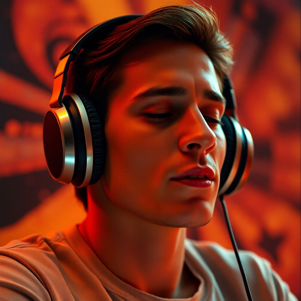 A photorealistic image of a person wearing headphones, deeply engrossed in listening to music. The background should be a vibrant abstract design that hints at creativity and musical expression. The focus should be on the person's expression of enjoyment and immersion in the music.