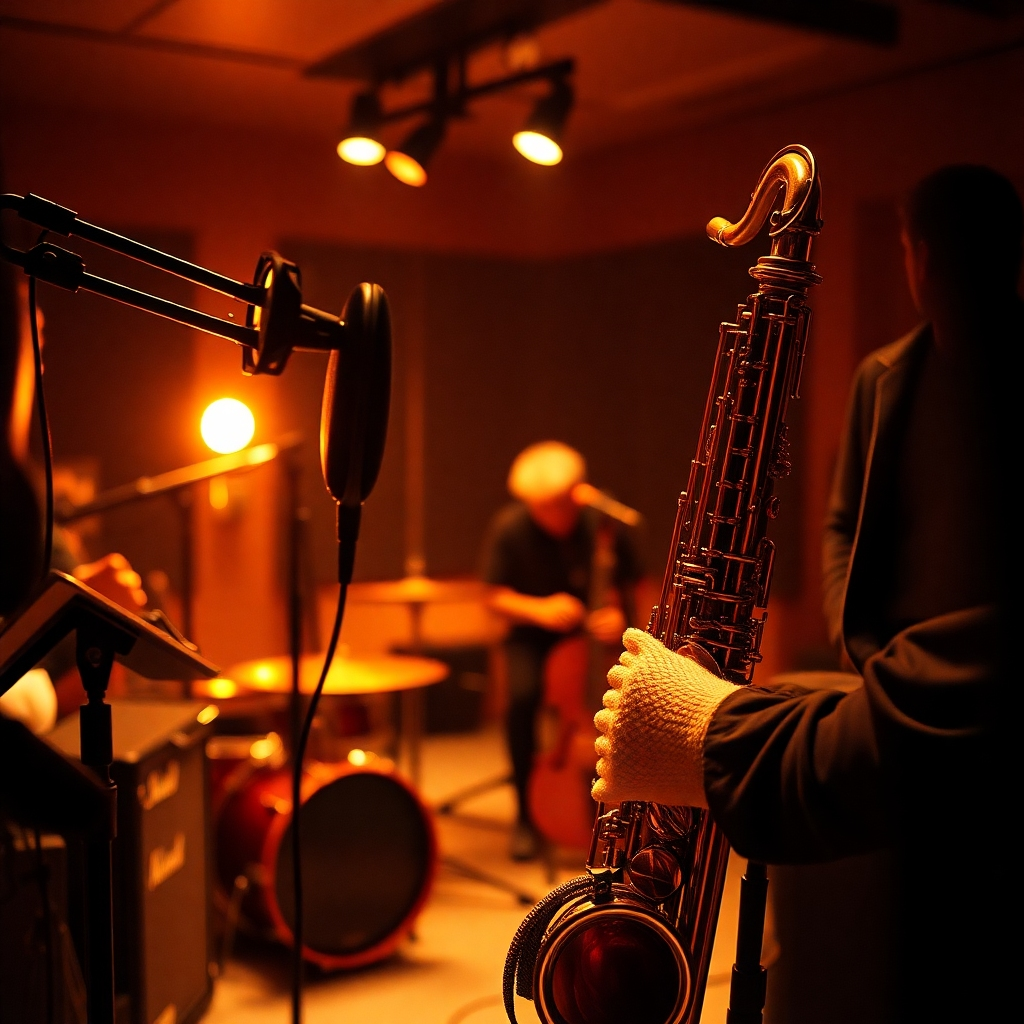 A photorealistic image of a recording studio, dimly lit with warm lighting focusing on a microphone and musical instruments. Wayne Sharer should be slightly visible in the background, working on his music.  The image should give the feeling of creative focus and dedication.