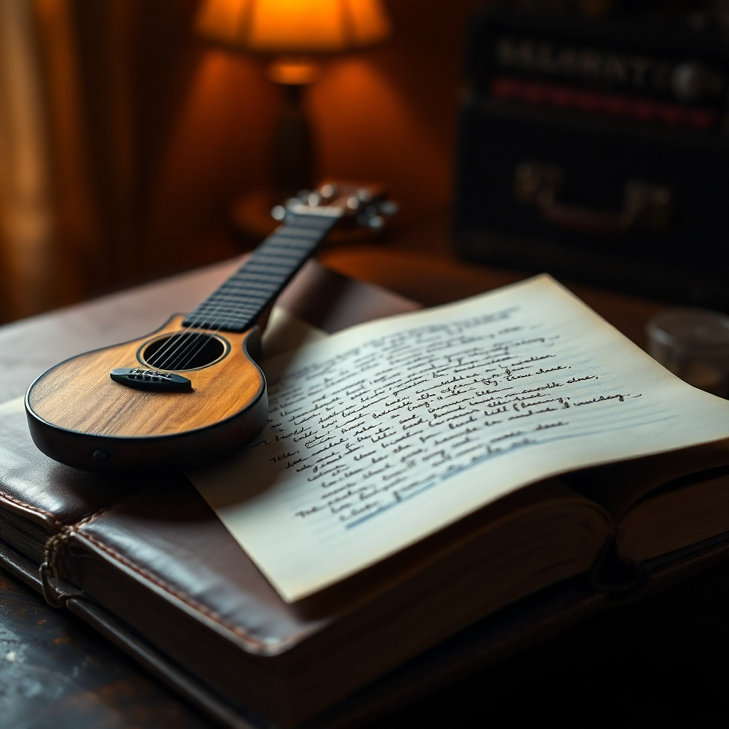 A photorealistic image of a worn leather-bound journal open to a page filled with handwritten lyrics; a vintage-style guitar rests gently on the journal's cover. The background is a dimly lit room with warm light, emphasizing the intimacy and personal nature of the writing. The overall aesthetic suggests a feeling of reflection and storytelling.