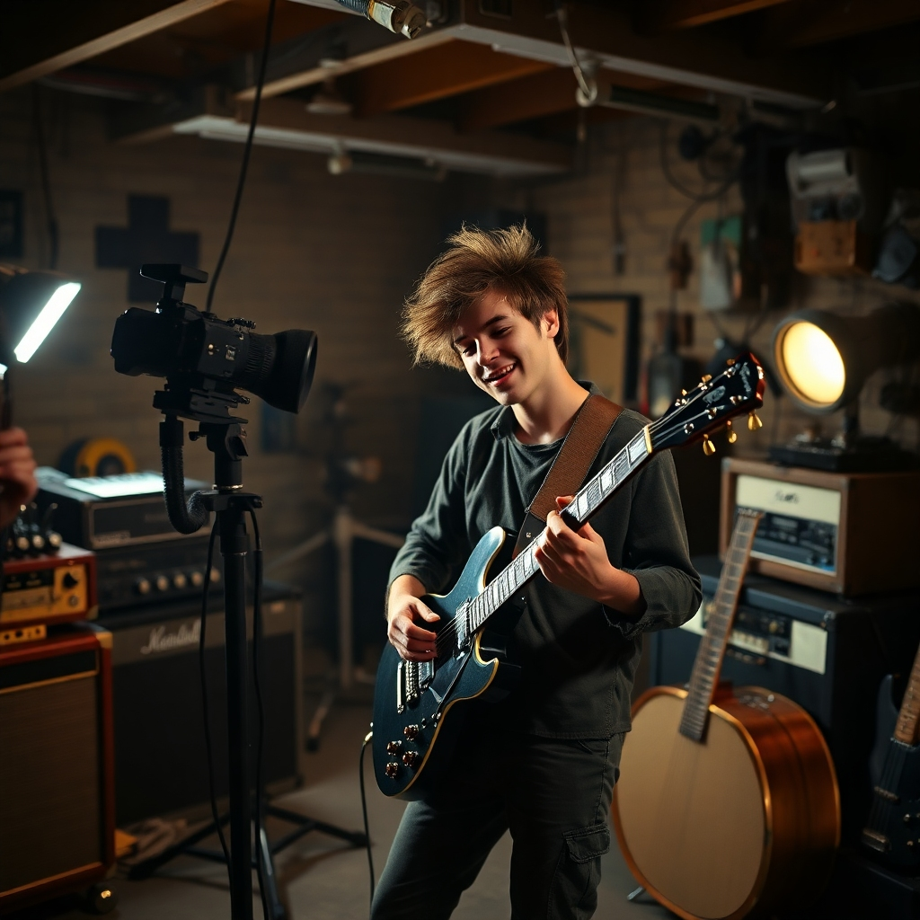 A photorealistic image of a young musician, Wayne Sharer, filming a music video with basic equipment in a garage.  The scene should be dimly lit, with visible wires and makeshift lighting.  The musician should be enthusiastically playing a guitar, surrounded by vintage recording equipment and instruments. The overall vibe should be authentic, raw and DIY.