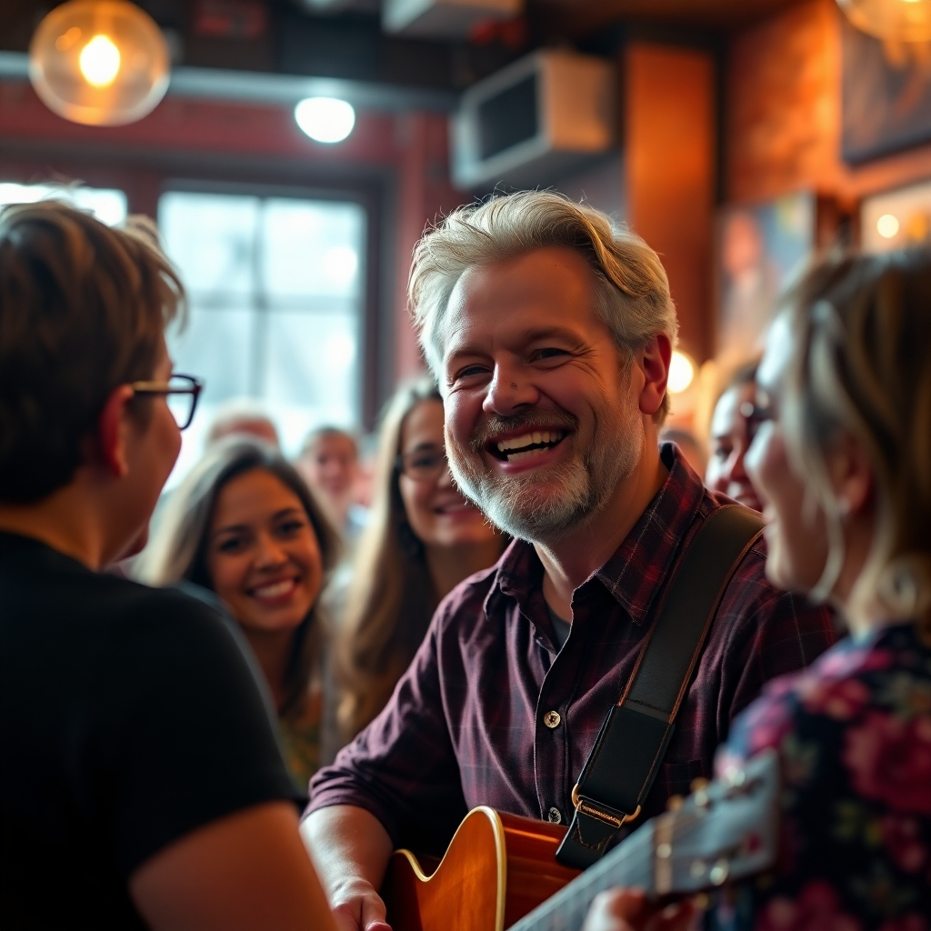 A photorealistic image of Wayne Sharer smiling warmly, engaging with a group of diverse fans at a small, intimate concert. The background shows a cozy venue with warm lighting, possibly a coffee shop or a small music hall.  The focus should be on the genuine connection between Wayne and his fans. High-quality image, 8k resolution, detailed textures, cinematic lighting