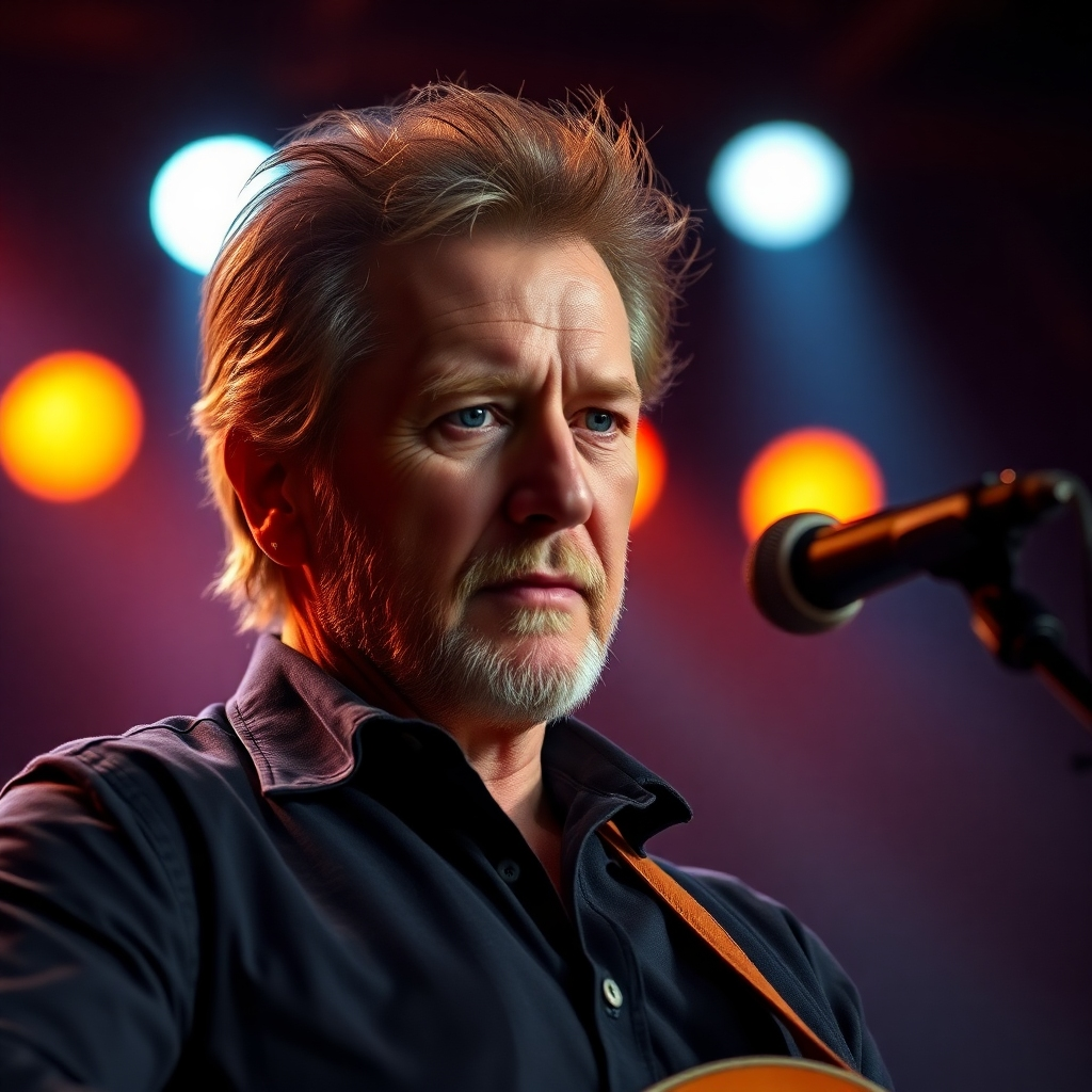 A photorealistic image of Wayne Sharer performing on stage, bathed in warm stage lights; the background is slightly blurred, focusing on Wayne's expressive face and the soulful emotion in his eyes. His guitar is in view, and the overall mood is intimate and reflective, conveying both country and soulful elements.