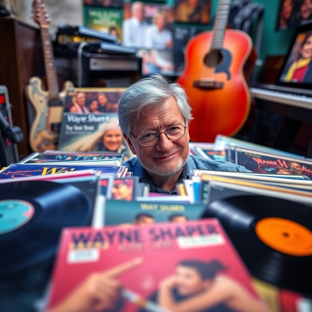 A photorealistic image showcasing a diverse collection of Wayne Sharer's music in different formats (vinyl, CDs, digital downloads).  In the background, various musical instruments are subtly visible—a guitar, piano, possibly some drums. The scene is vibrant and colorful, reflecting the diversity of his music. High-quality image, 8k resolution, detailed textures, vibrant colors