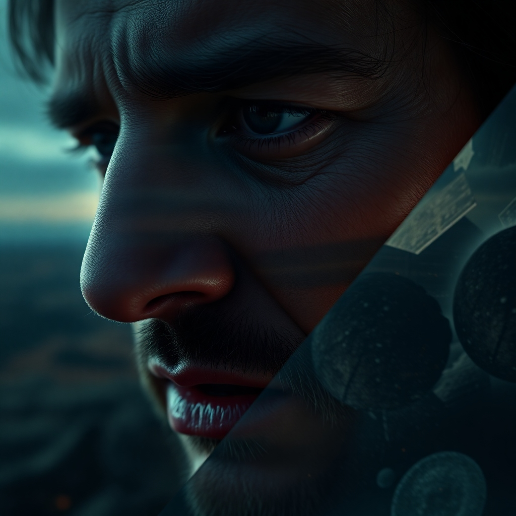 A photorealistic music video scene: A close-up shot of Wayne Sharer's expressive face, intercut with surreal and symbolic imagery, such as fleeting landscapes, abstract shapes, and close-ups of textured surfaces. The color palette should be moody and atmospheric, enhancing the emotional weight of the song. The overall style should be artistic and evocative.