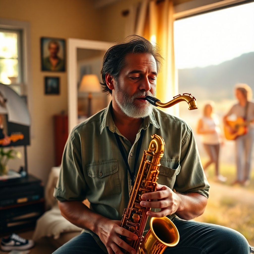 A series of 8K resolution, hyperrealistic lifestyle photographs of Wayne Sharer in a relaxed, natural setting. The images should showcase his personality and passion for music outside of the performance space. One image depicts him thoughtfully composing music at his home studio, bathed in soft natural lighting, with a warm color palette featuring earth tones and natural light.  Another captures him interacting with fans after a show, with a more vibrant and candid style. The third displays him practicing in a peaceful outdoor setting, with soft diffused lighting highlighting his focused expression and the beautiful scenery around him.  All images should include high-detail textures—the wood grain of his saxophone, the feel of his clothing, the texture of his skin. The overall mood is authentic, relaxed, and inspiring, reflecting his passion and artistry. The style evokes the intimate and personal nature of renowned photographers like Steve McCurry's lifestyle portraits.