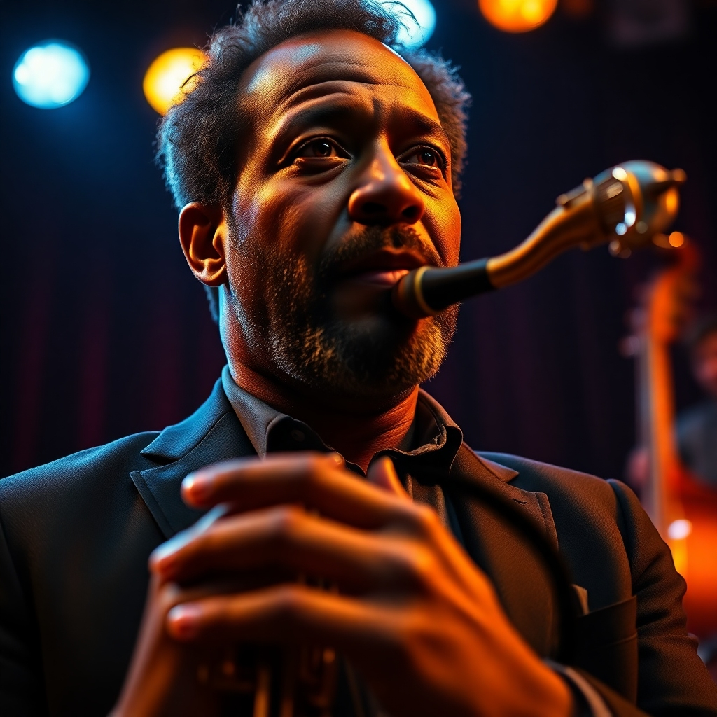 An 8K resolution, hyperrealistic portrait photograph of Wayne Sharer, soulful saxophone player, in a dimly lit jazz club.  Soft, diffused lighting illuminates his face and instrument, casting subtle shadows. The color palette is warm and intimate, with deep blues, amber highlights, and rich browns.  The camera angle is slightly low, looking up at Wayne, emphasizing his expressive eyes. He is holding his saxophone, and his pose is relaxed and thoughtful, yet captivating.  Texture and material details are incredibly detailed, showing the fine grain of his saxophone, the texture of his clothing, and the subtle sheen of his skin. The background is slightly out of focus, with the warm glow of stage lights and blurred instruments visible. The style is reminiscent of the work of Annie Leibovitz, capturing both elegance and raw emotion. The overall mood is sophisticated, contemplative, and intensely musical.  Focus is sharp on Wayne's face and hands.