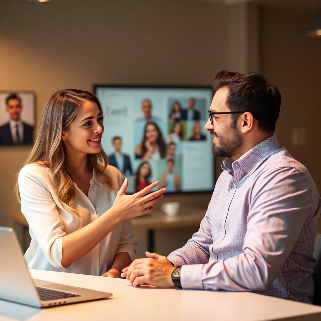 A business coach sitting at a desk with a laptop and a notebook, talking to a client who is sitting across from them. The background is a modern office space with a cityscape view through the window. The image should depict a professional and confident coaching environment.