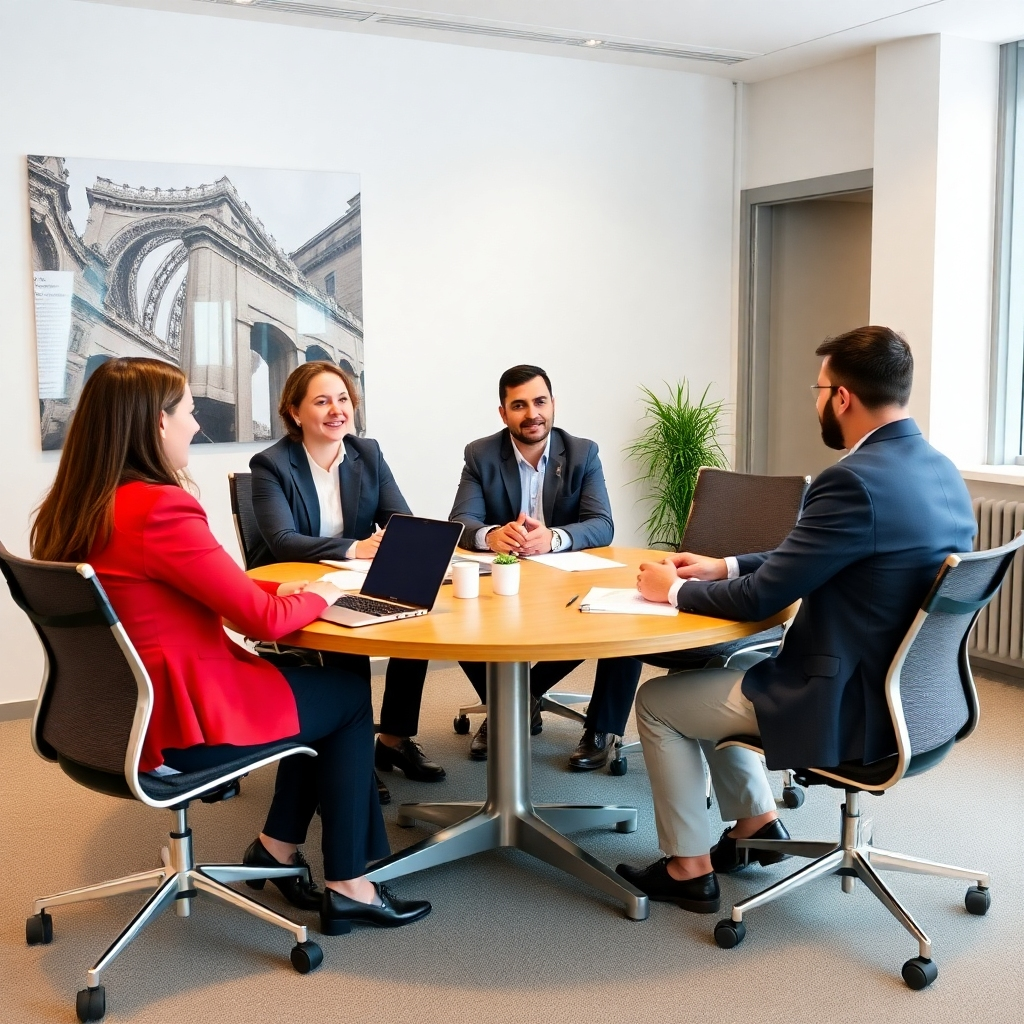 A business coach sitting at a desk with a laptop and a notebook, talking to a client who is sitting across from them. The background is a modern office space with a cityscape view through the window. The image should depict a professional and confident coaching environment.