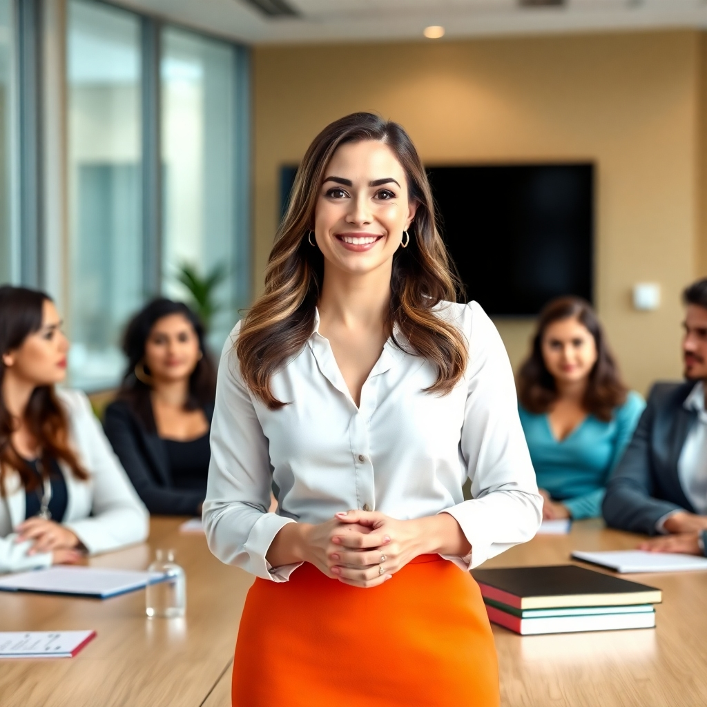 A cinematic image of a confident leader, a charismatic woman in her late 40s with a warm smile and a powerful presence, standing in a spacious, modern boardroom. She is addressing a group of attentive employees, who are actively listening and engaging with her words. The room is bathed in soft, diffused lighting, creating a sense of intimacy and focus. Behind her, a panoramic view of a cityscape reveals a vibrant and dynamic urban environment. The image should convey a sense of strength, purpose, and inspiration, emphasizing the leader's ability to motivate and empower her team. The color palette should be bold and confident, with deep blues, rich greens, and warm golds, reflecting the leader's personality and the energy of the room. The image should be framed from a low angle, emphasizing the leader's stature and authority, and capturing the dynamism of the scene.