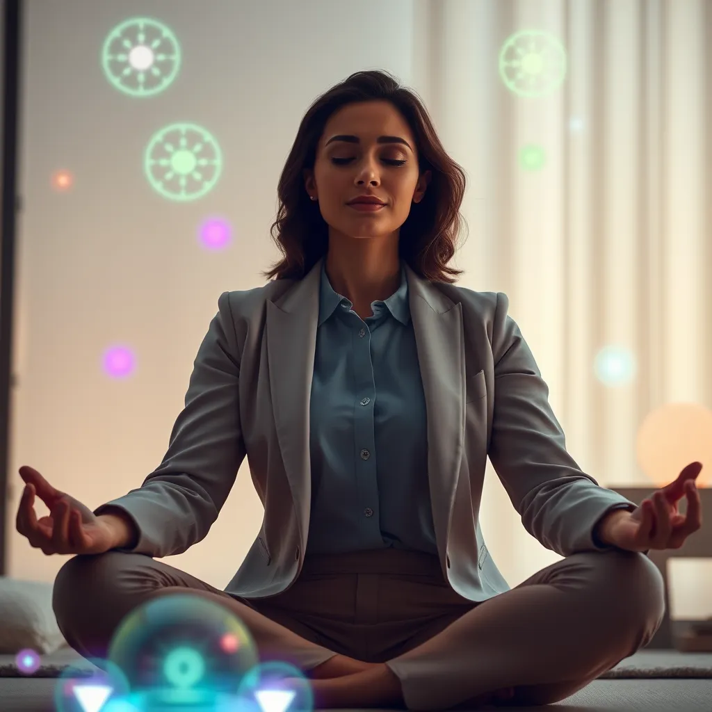 A businesswoman meditating in a serene environment with soft lighting, surrounded by glowing orbs emitting colorful frequencies and symbols representing harmony and balance