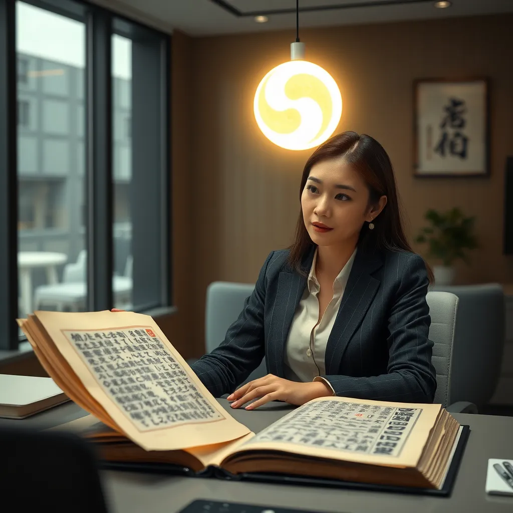 A businesswoman sitting at a desk in a modern office, looking thoughtfully at an open book with ancient Chinese calligraphy, with a glowing orb above her head representing the wisdom of the I Ching