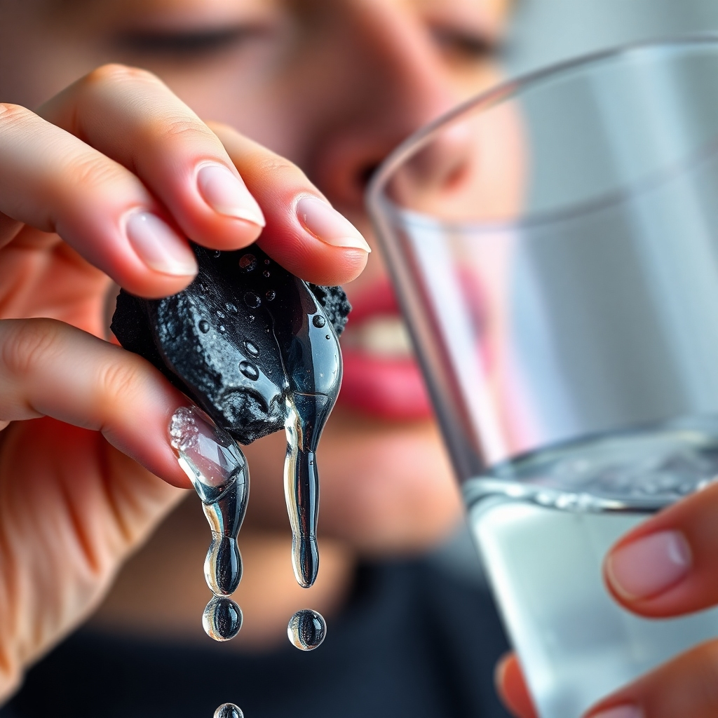 A close-up photorealistic shot of water droplets clinging to a piece of shungite, with the background blurred to showcase a vibrant and healthy-looking person drinking from a glass of water, radiating vitality and wellness. The style should be clean, bright, and modern.