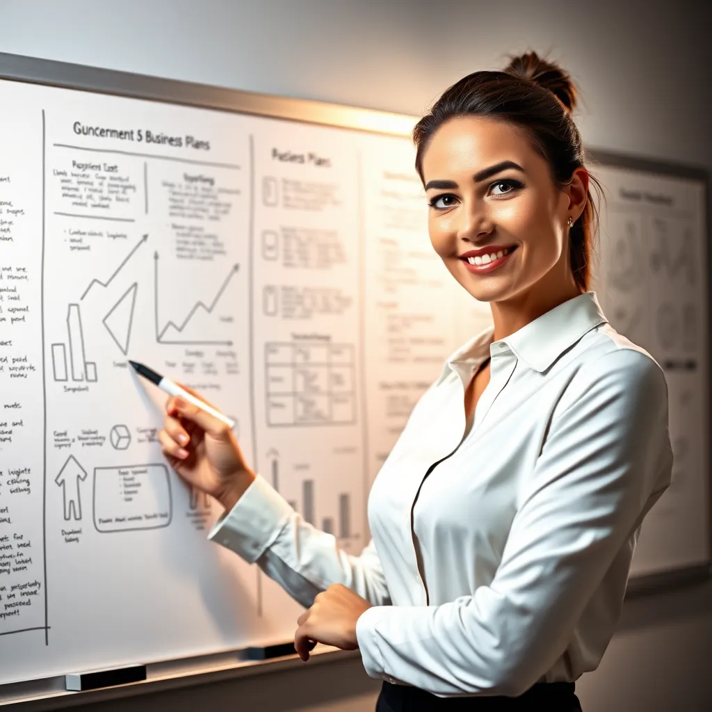 A confident businesswoman standing in front of a whiteboard covered in strategic business plans and diagrams, holding a marker and pointing to a specific element, with a bright light illuminating her and radiating energy