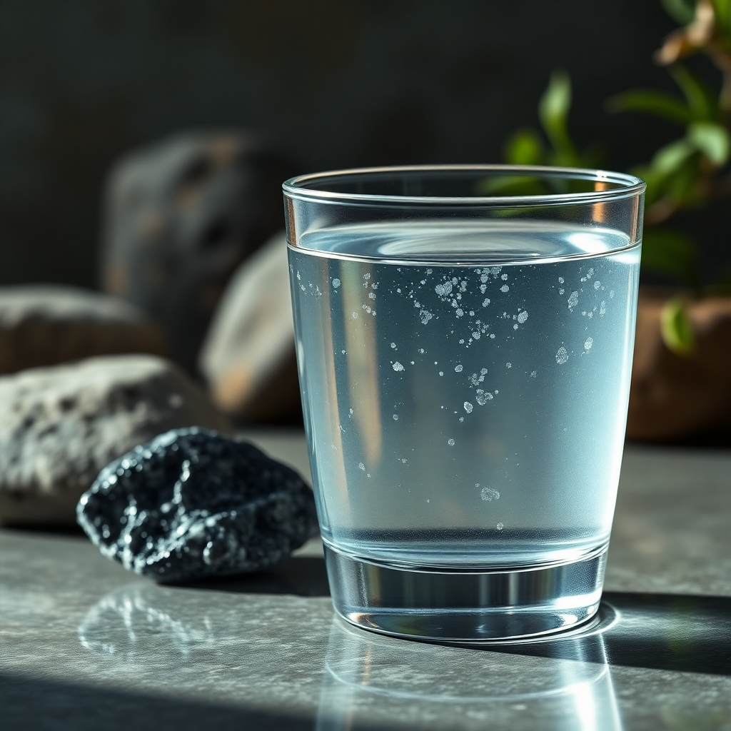 A high-resolution image depicting a clear glass filled with water, next to a piece of shungite.  The water should appear pure and sparkling.  The background should be softly lit and feature natural elements, such as stones and plants.