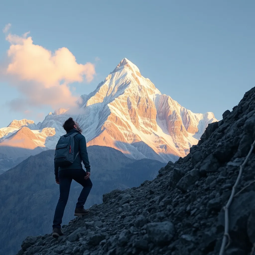 A person climbing a mountain with a clear path ahead. The person is looking up at the summit with determination and a smile. The mountain is majestic and challenging, representing personal growth and overcoming obstacles.