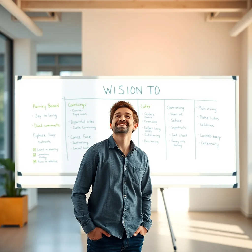 A person standing in front of a whiteboard with a clear vision board and a bright future ahead. They are smiling and looking confidently at the board, with a strong sense of purpose. The background is a modern office environment with natural light.