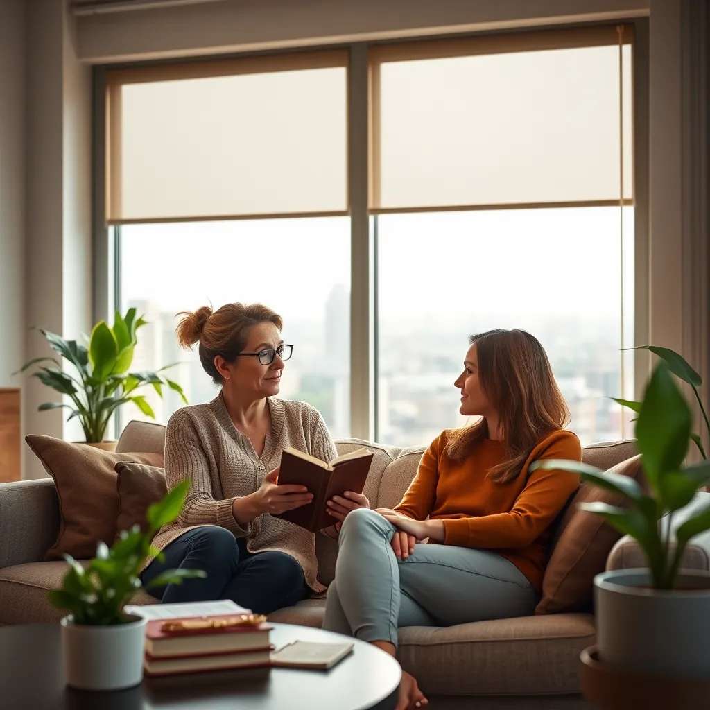 A photorealistic, ultra-high quality image of a coach and client sitting on a comfortable sofa in a modern office. The coach, a confident woman in her late 30s with warm, inviting eyes, is listening intently to the client, a young professional in their early 20s, who is expressing their goals and challenges. Soft, natural light streams in through large windows behind them, creating a calm and focused atmosphere. The image should be framed from a slightly elevated angle, capturing a sense of intimacy and trust between the coach and client. The color palette should be warm and inviting, with earthy tones and pops of vibrant green. Details like a leather-bound journal, a potted plant, and a view of a bustling cityscape through the windows add depth and context to the scene. The image should convey a sense of empowerment, clarity, and growth.