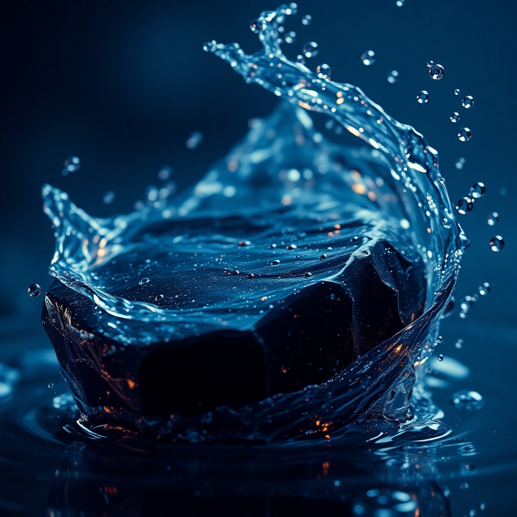 A photorealistic close-up shot of water molecules swirling around a piece of shungite stone.  The water molecules should be depicted with vibrant, glowing energy. The shungite should appear smooth and dark, with visible energy radiating from it. The background should be a soft, dark blue, mimicking a night sky. The overall mood is mysterious and energetic.