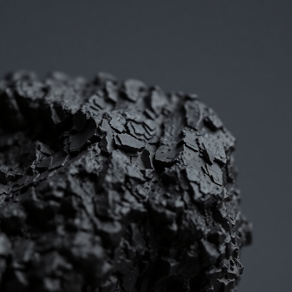 A photorealistic close-up shot of a piece of shungite, revealing its unique, complex texture and carbon structure.  The image should be sharply focused, showing intricate details and a deep black color.  The background should be a simple, neutral gray.